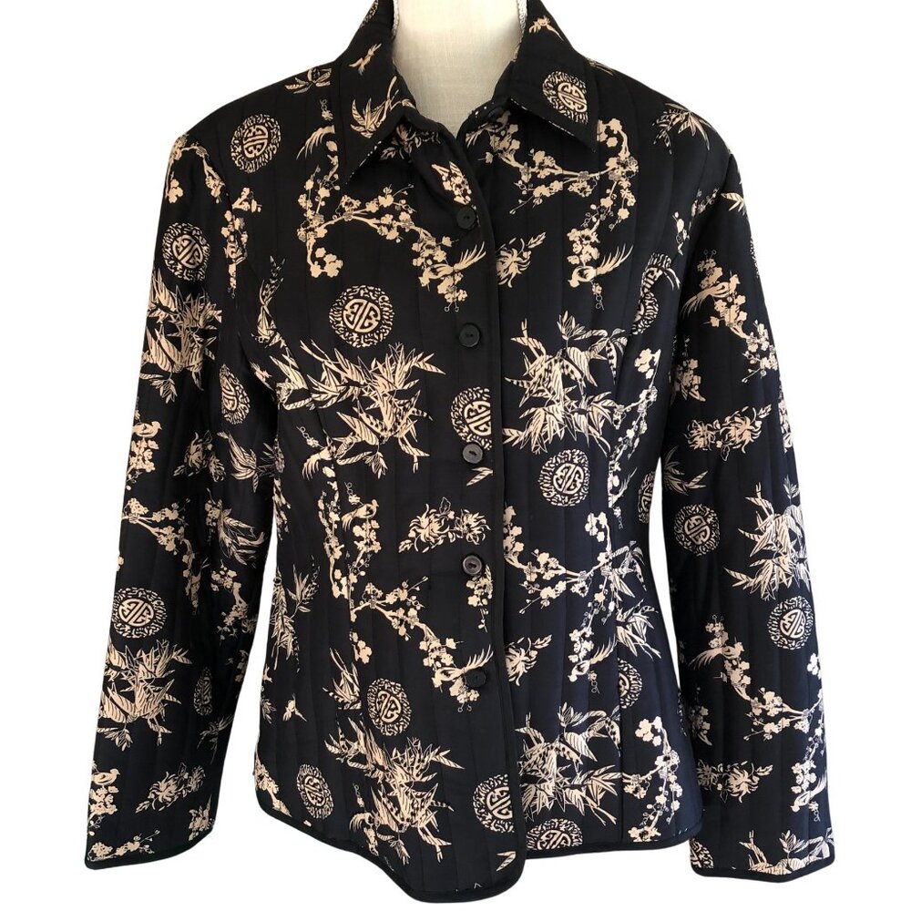 Carole Little Silk Quilted Jacket XL Black Asian Floral Bird Print